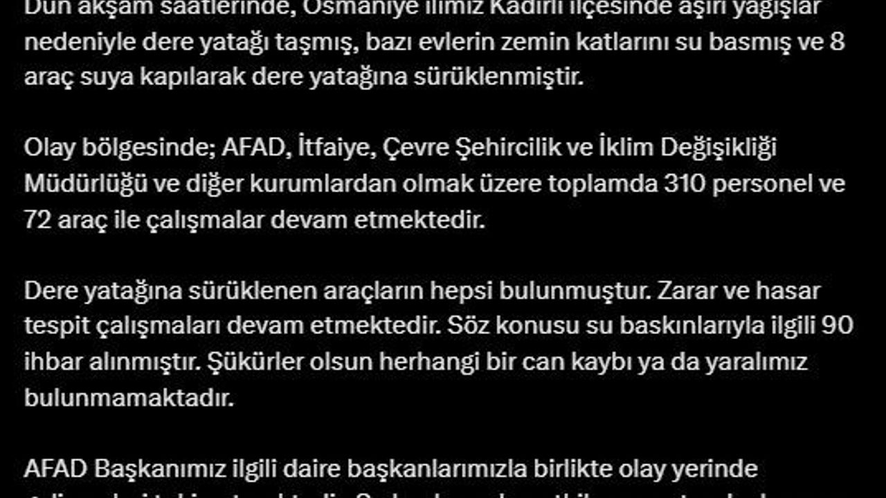 Bakan Yerlikaya, taşan dere yatağında can kaybı olmadığını duyurdu