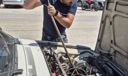 Aracın motoruna giren yılanı elindeki sopayla çıkardı