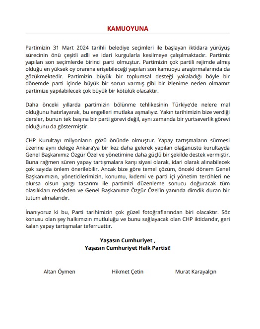 Chp'li Eski Genel Başkanlardan Ortak Bildiri 'Özgür Özel’in Yanında Dimdik Durun'-1